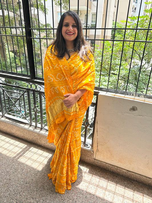 BRIGHT YELLOW GAJJI SILK RAI BANDHANI  GHARCHOLA SARI