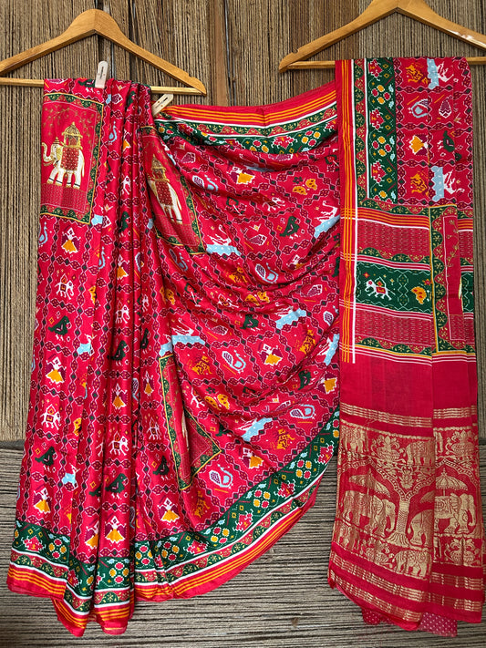 RED ELEPHANT  PATOLA MODAL SILK PATOLA PRINT SARI WITH ZARI BORDER