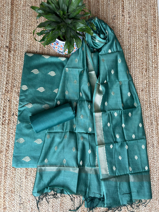 TURQUOISE GREEN BANARASI CHANDERI  HANDLOOM THREE PIECE  SET SUIT