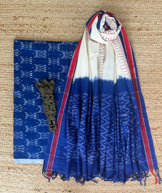 COBALT BLUE MERCHANDISE COTTON HANWOVEN KURTA WITH IKKAT PURE COTTON SILK PATOLA HANDWOVEN DUPATTA