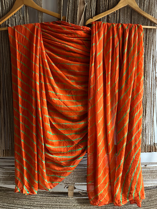 ORANGE MULTI LEHERIYA HANDCRAFTEDCHIFFON SARI