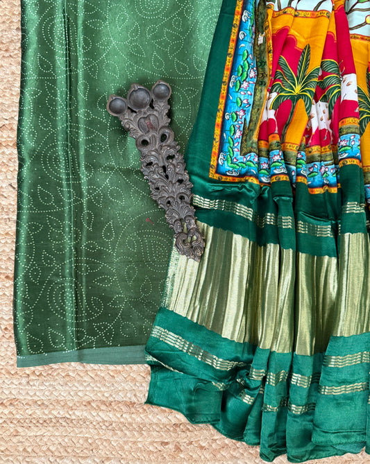 Green 3bandhani mashru silk kurta with patola handcrafted modal silk dupatta ps-10145