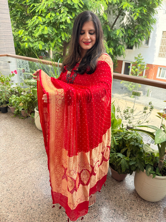 Crimson Red Handwoven NeemZari Bareek Bandhani in Khaddi Premium Georgette dupatta
