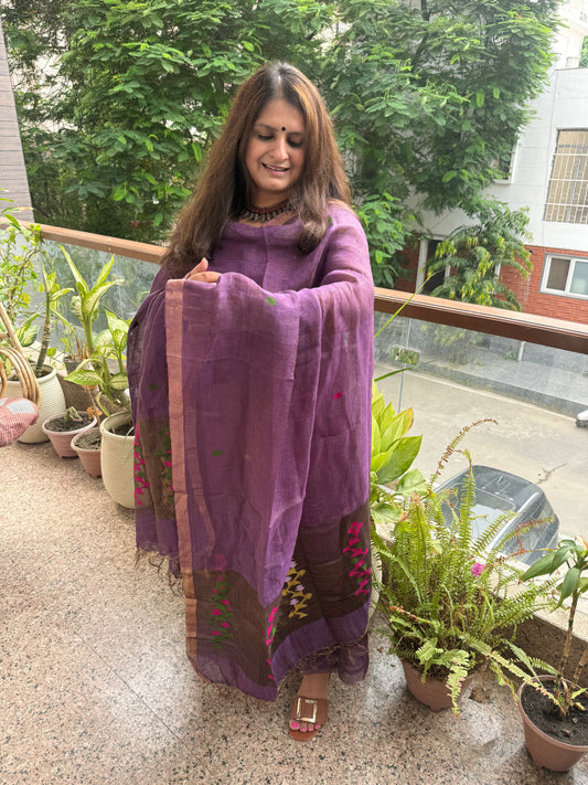 Amethyst Purple Jamdani Tissue Linen Handwoven kurta set