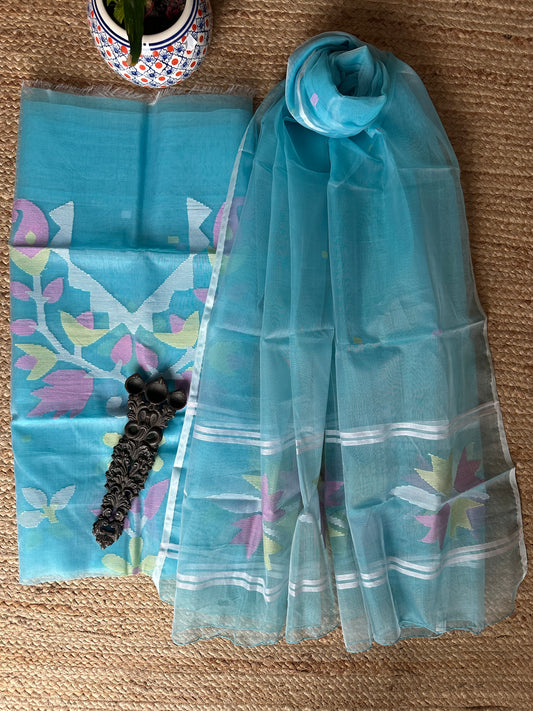 SKY BLUE HANDWOVEN JAMDANI PURE MUSLIN SILK KURTA SET MJK-45