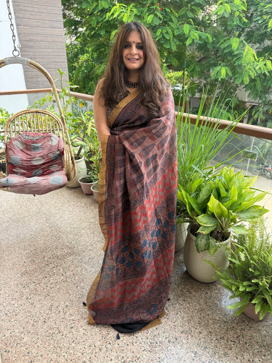 ESPRESSO BROWN NATURAL DYE HANDCRAFTED HANDBLOCK AJRAKH LINEN SILK SARI