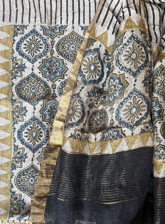 BEIGE AJRAKH BUTTA LINEN SILK HANDBLOCK SUIT SET