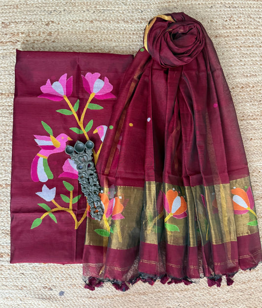 Dark Maroon handwoven jamdani pure cotton silk kurta set mjk