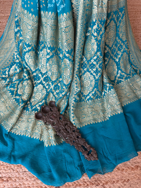 Bondi Blue & Aquamarine handwoven neemzari bareek bandhani in khaddi georgette dupatta
