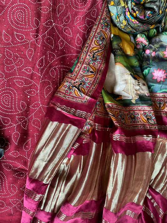 MAROON  MASHRU  SILK KURTA WITH PATOLA PRINT MODAL SILK DUPATTAS