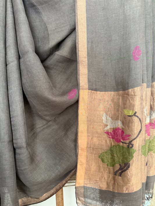 GRAPHITE GREY HANDWOVEN JAYSHREE LINEN JAMDANI SARI