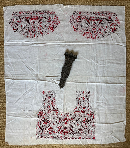White cotton silk kantha work un stitched blouse piece