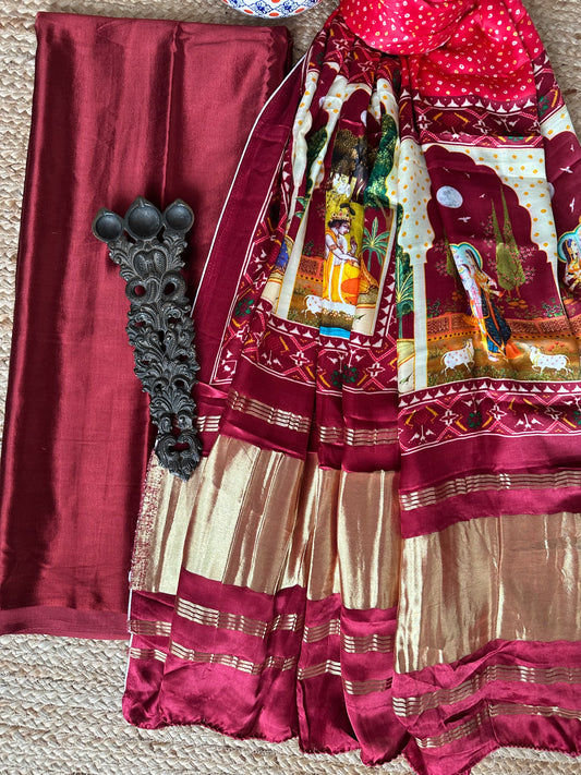 DARK MAROON MASHRU SILK KURTA WITH PATOLA PRINTED MODAL SILK DUPATTAS  PS-25