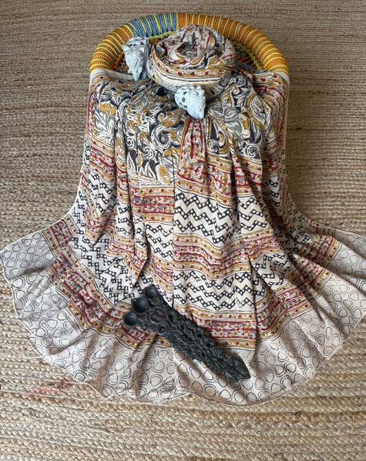 BEIGE MUSTARD KALAMKARI MULL COTTON HANDCRAFTED DUPATTA