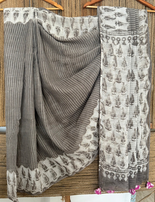 WHITE & GREY KOTA DORIA HANDBLOCK SARI