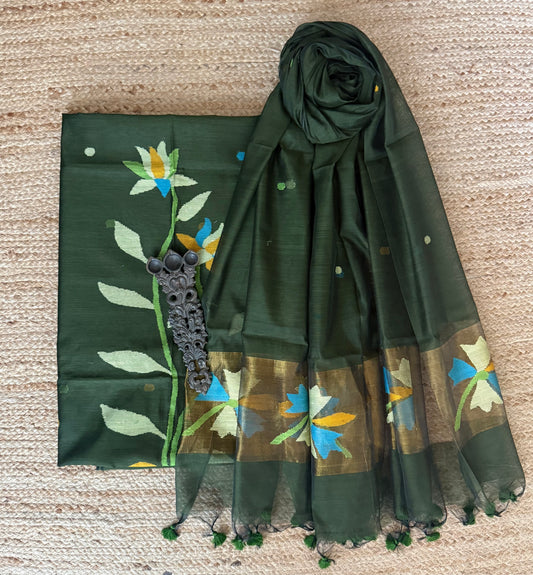Uniform Green handwoven jamdani pure cotton silk kurta set mjk