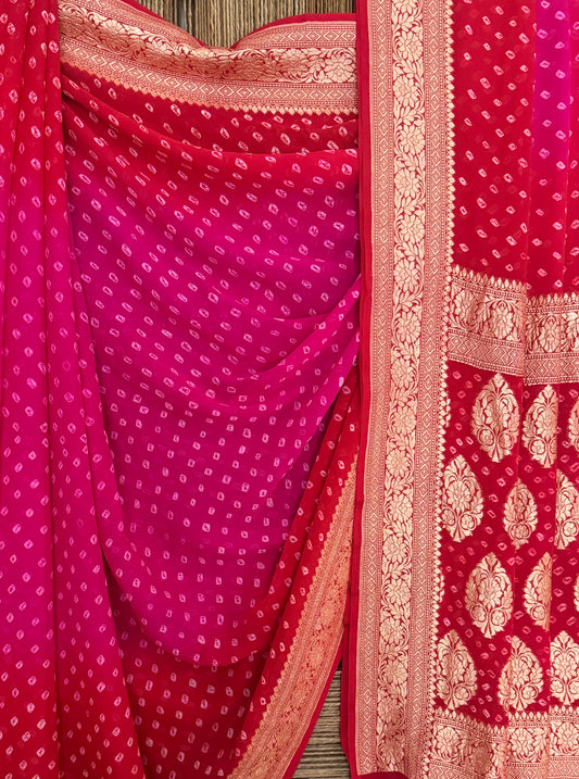 Hot Pink To Deep Red Handwoven Neem Zari Bareek Bandhani Saree with Khaddi Georgette BS- 303