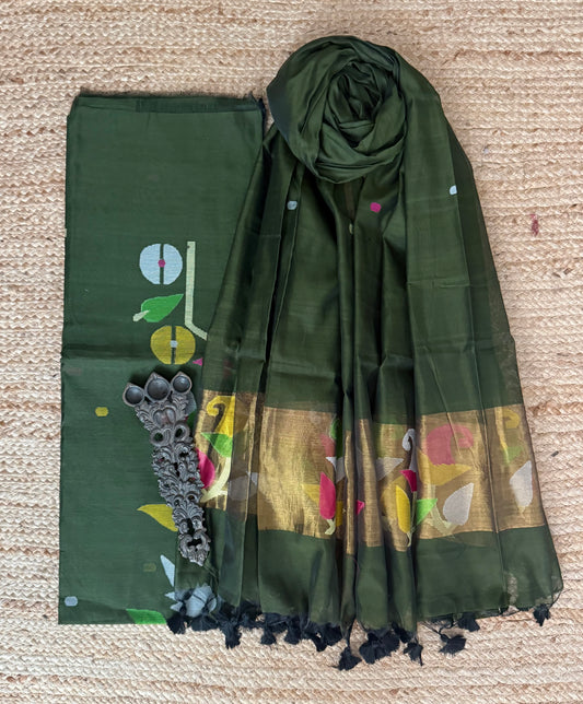 Uniform Green handwoven jamdani pure cotton silk kurta set mjk-