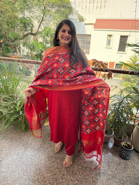 PINK AND BLUEHANDSPUN HANDWOVEN POCHAMPALLY IKAT SILK DUPATTA WITH ZARI BORDER