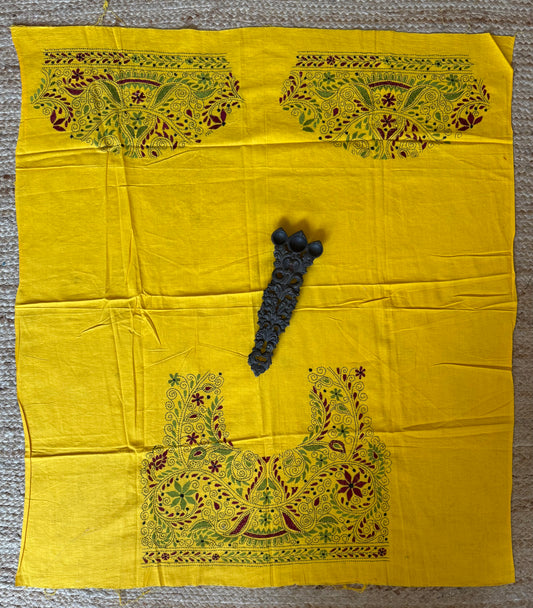 MANGO YELLOW COTTON SILK KANTHA WORK UN STITCHED BLOUSE PIECE