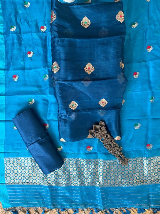 Peacock Blue kora silk certified handloom banarsi kadwa booti meenakari three piece suit