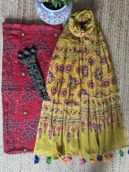 BARN RED AJRAKH HANDBLOCK AND HAND EMBROIDERY KURTA WITH  AJRAKH HAND EMBROIDERY DUPATTA