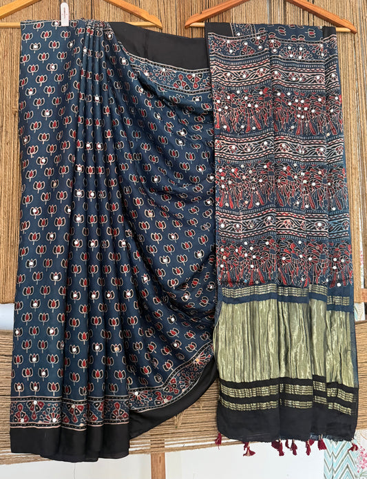 MIDNIGHT BLUE AJRAKH HANDCRAFTED MIRROR WORK MODAL SILK SARI WITH ZARI PALLU