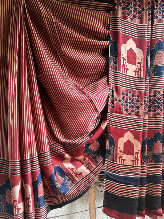 MAROON CONTEMPRORAY AJRAKH MODAL SILK SARI