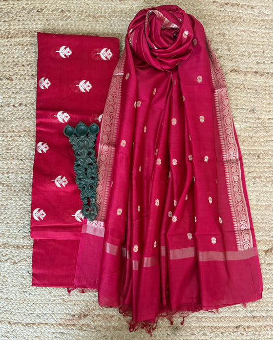 Hibiscus Red Chanderi handloom  banarsi booti three piece suit