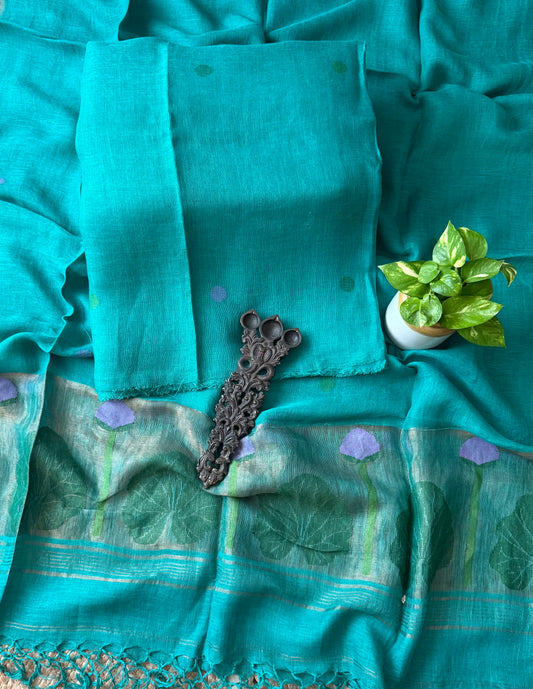 TIFFANY BLUE PURE JAYSHREE  LINEN JAMDANI HANDWOVEN KURTA SET
