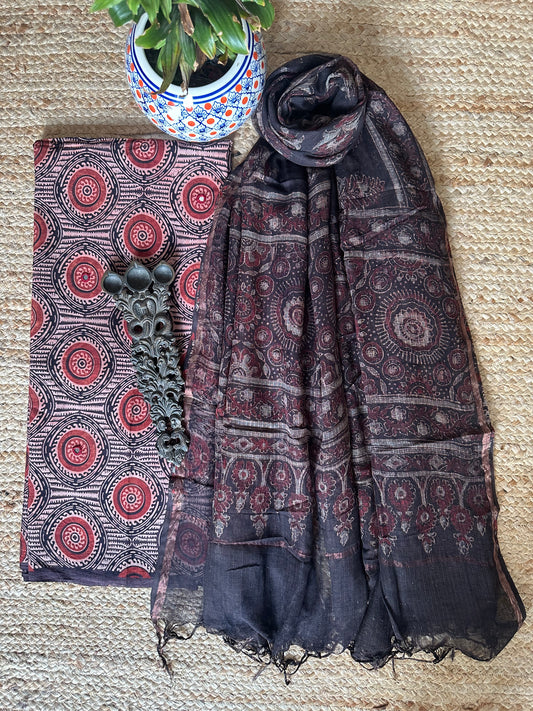 BLACK  AJRAKH HANDBLOCK AND HAND EMBROIDERY KURTA WITH KOTA AJRAKH DUPATTA