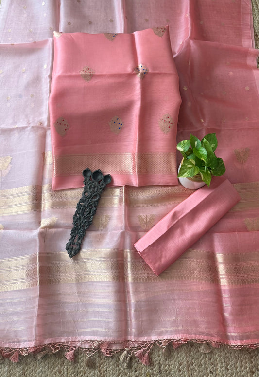 Peachy Pink korahandloom banarsi kadwa booti meenakari three piece suit