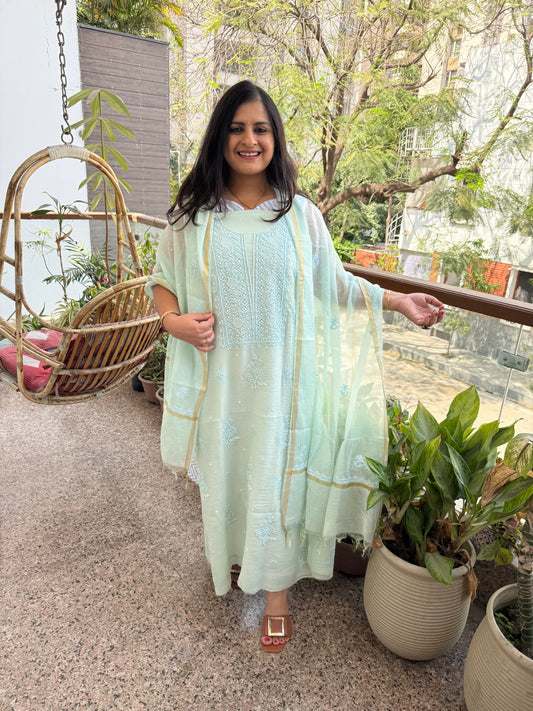 Light celadon green premium mull chanderi lucknowi chickenkari with moti work hand embroidery three piece suit