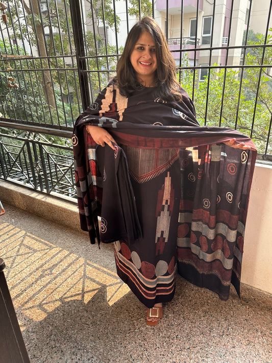 BLACK CONTEMPRORY AJRAKH HANDBLOCK COTTON KURTA WITH AJRAKH DUPATTA SUIT SET