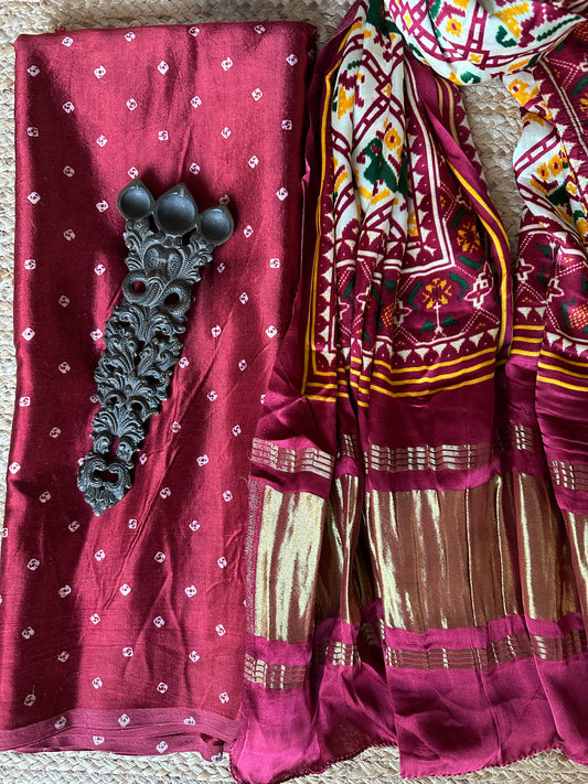 MAROON  CREAM MASHRU SILK KURTA WITH PATOLA PRINT MODAL SILK DUPATTAS