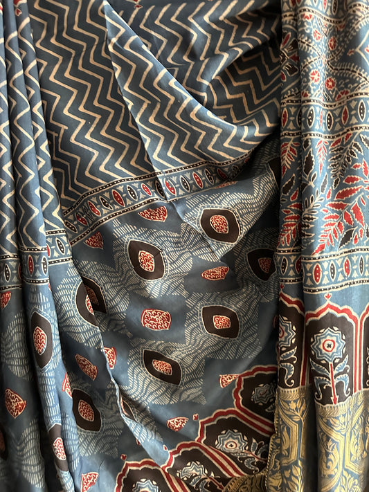 INDIGO BLACK DOLA  SILK AJRAKH ZARI BORDER SARI