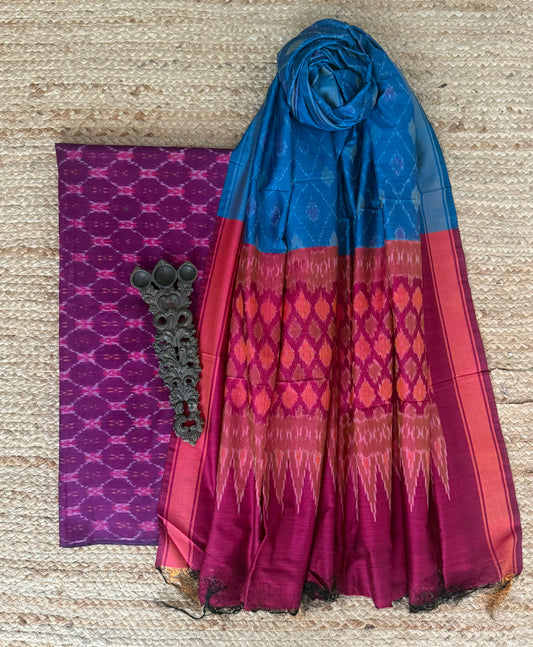 PLUM PURPLE IKKAT PURE SILK COTTON HANWOVEN KURTA WITH IKKAT PURE SILK PATOLA HANDWOVEN DUPATTA