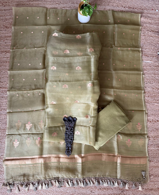 Olive Green Ombré Shade kora silk certified handloom banarsi kadwa booti meenakari three piece suit