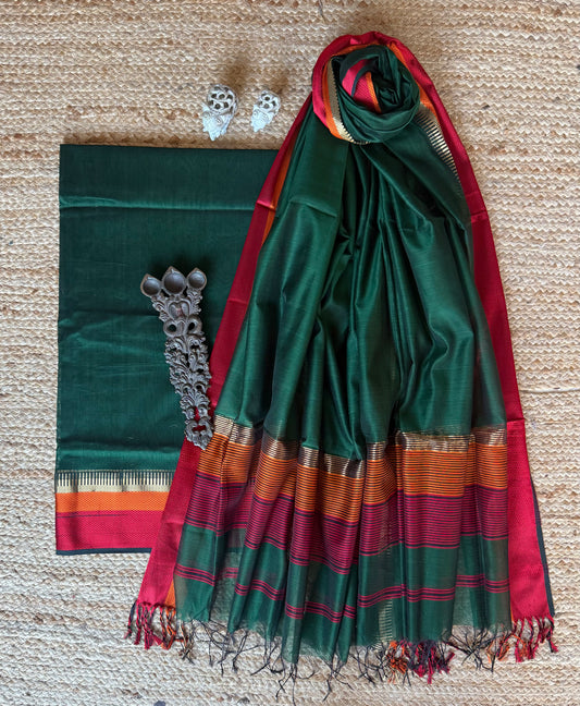 CASTLETON GREEN MAHESHARI BORDER SILK HANDLOOM KURTA SET