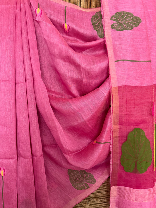 CANDY FLOSS PINK COPPER TISSUE LINEN JAMDANI HANDWOVEN SARI WITH ELEGANT WOVEN MOTIFS