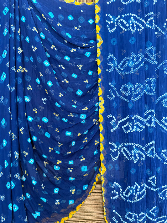 Sapphire Blue Bandhani handcrafted  chiffon sari