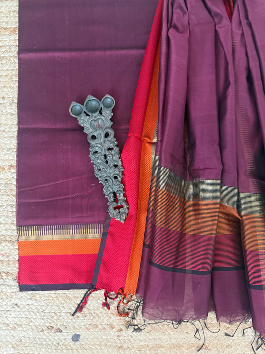 Deep Wine maheshari border silk handloom kurta set