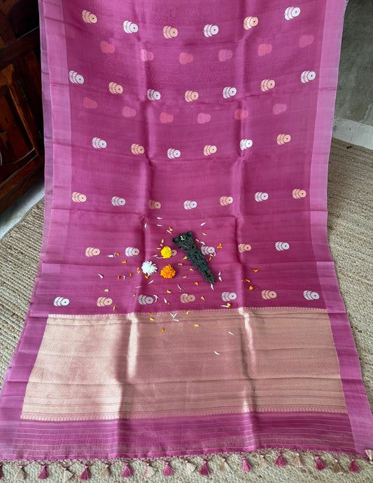 Flamingo Pink Kora silk certified  handloom banarsi sari with woven zari