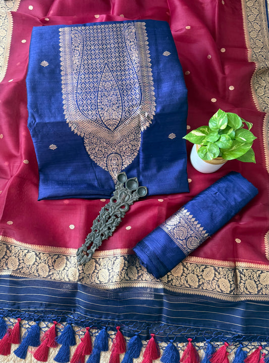 Navy blue raw silk certified handloom banarsi kadwa butti with woven zari three piece suit