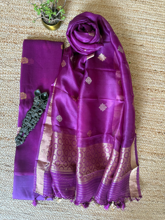 Palatinate Purple Kora silk certified handloom Banarsi kadwa Booti three piece suit