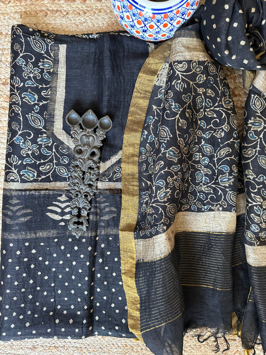 BLACK LINEN AJRAKH SILK HANDBLOCK SUIT SET AL-1019