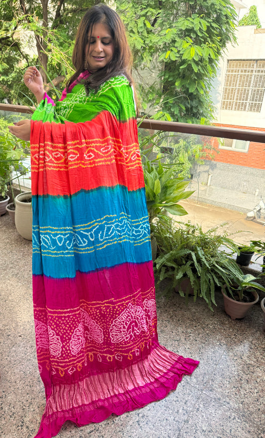 Multi rai bandhani gajji silk Handcrafted Gharchola dupatta