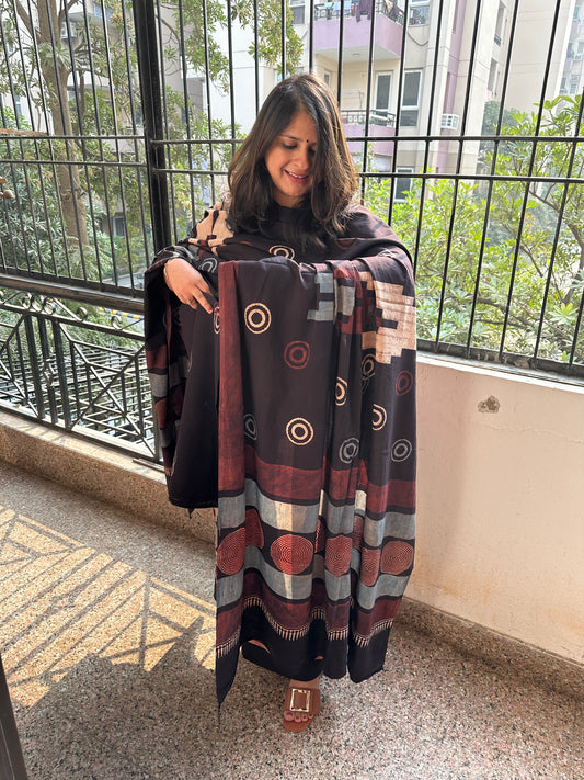 BLACK CONTEMPRORY AJRAKH HANDBLOCK COTTON KURTA WITH AJRAKH DUPATTA SUIT SET