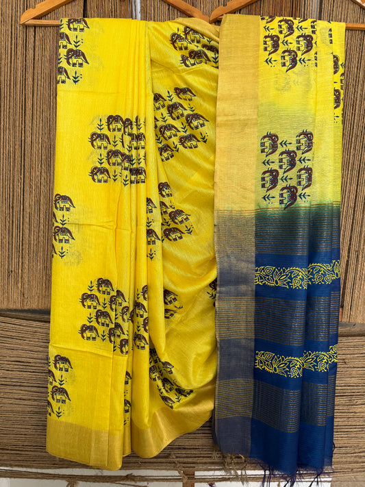 BEAUTIFUL YELLOW & BLUE HANDBLOCK PRINTED SARI IN SEMI TUSSAR WITH BLOUSE