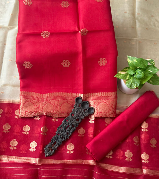 Cherry Red kora silk certified handloom banarsi kadwa butti with woven zari three piece suit